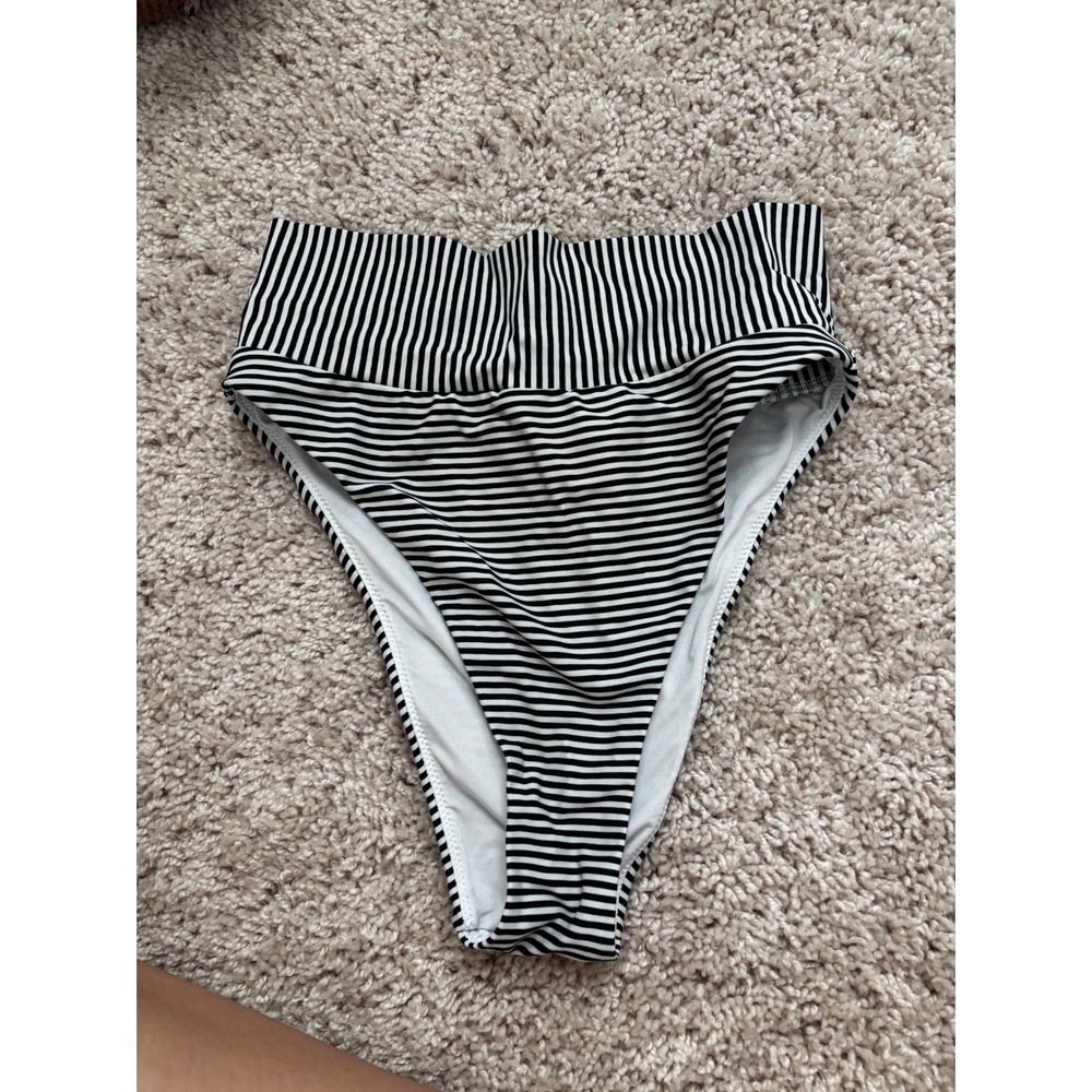 Aerie Striped High Cut Cheeky‎ Bikini Bottoms Black White XS Nautical Swimwear